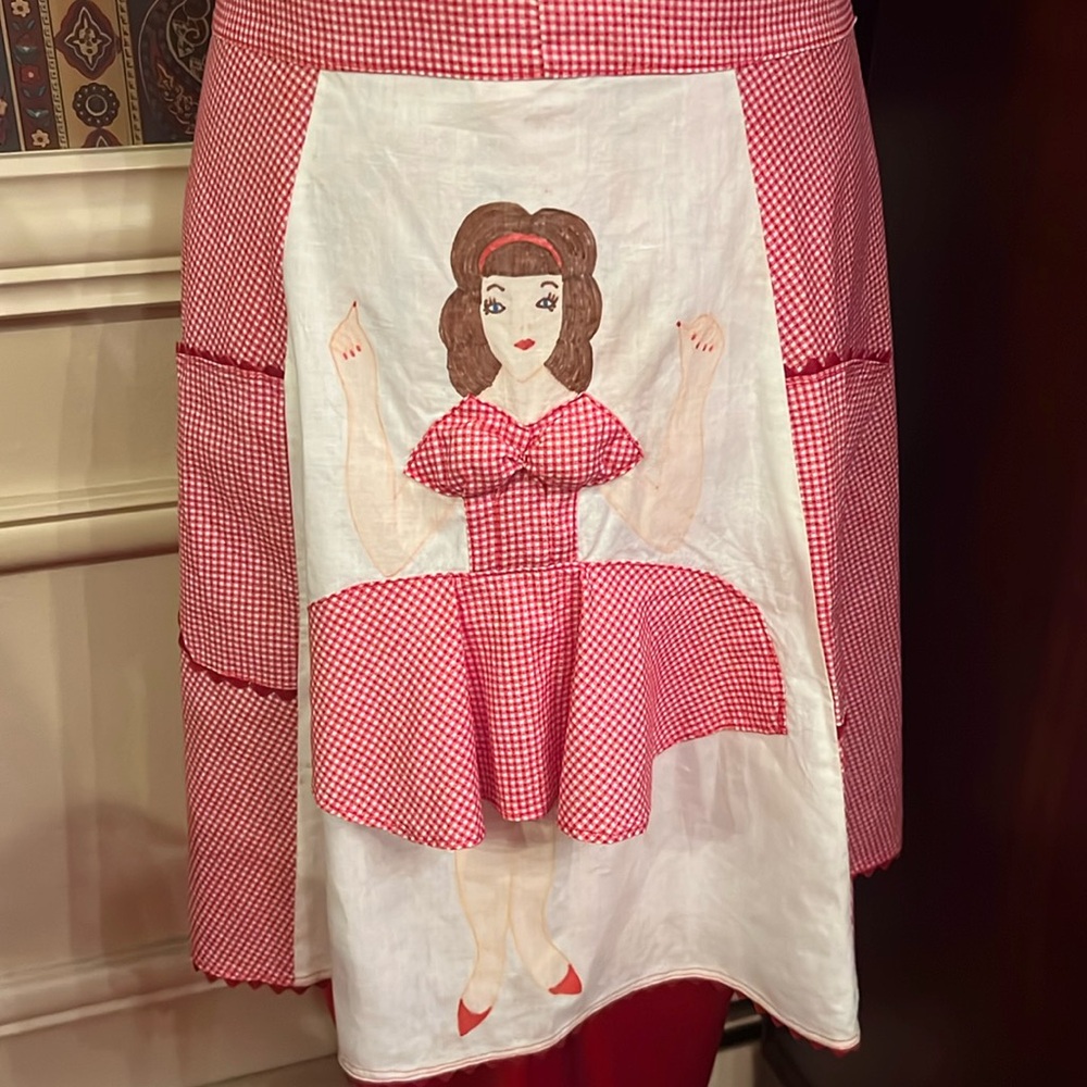 One-of-a-Kind 3-D Vintage Apron with Red Gingham with Pinup Girl in Red Gingham